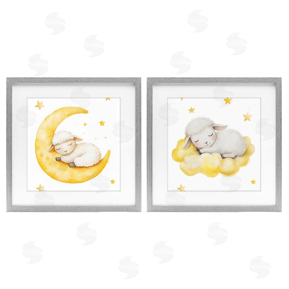 LSR Design Studio Sleeping Sheep Cloud and Moon Gray Framed Print Under Glass with White Mat Wall Art