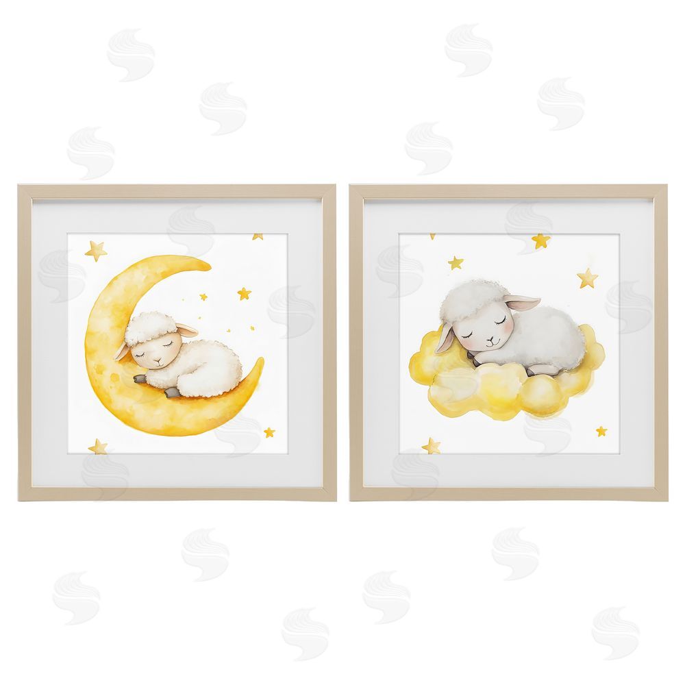 LSR Design Studio Sleeping Sheep Cloud and Moon Brown Framed Print Under Glass with White Mat Wall Art