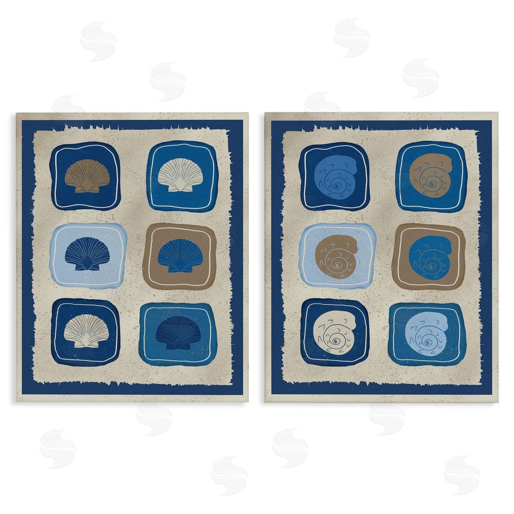 Julia Frost Blue Blocked Seashells Stretched Canvas Wall Art Print