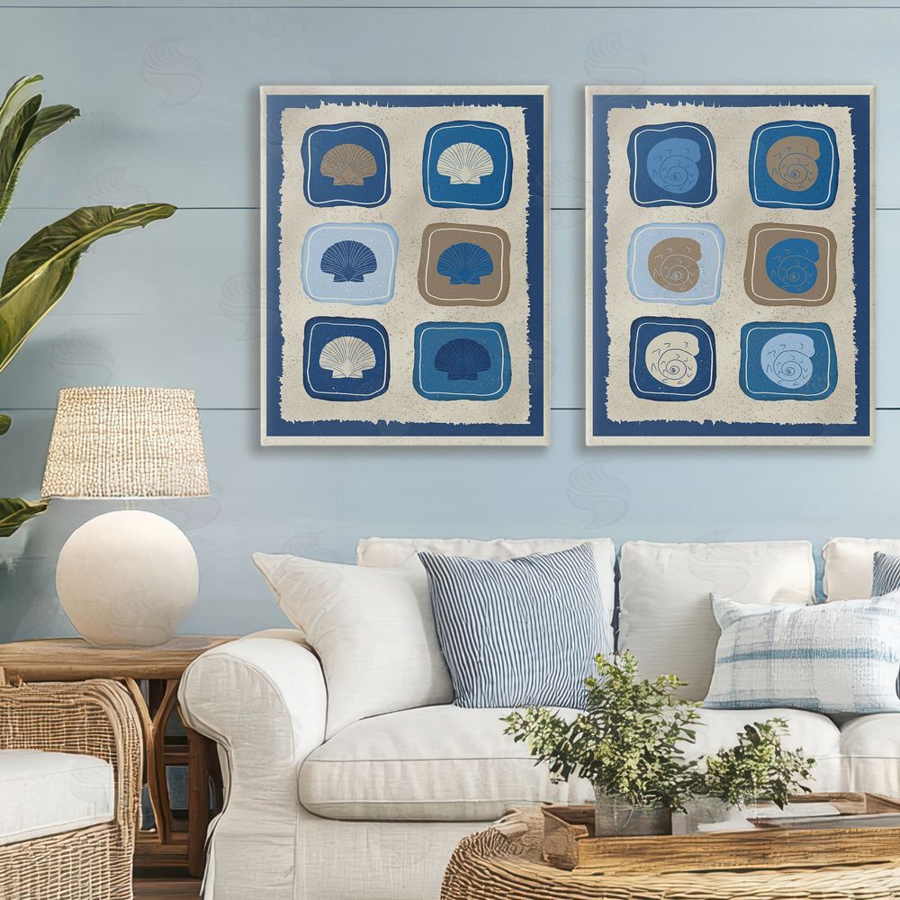 Julia Frost Blue Blocked Seashells Stretched Cavas Wall Art Set in Room