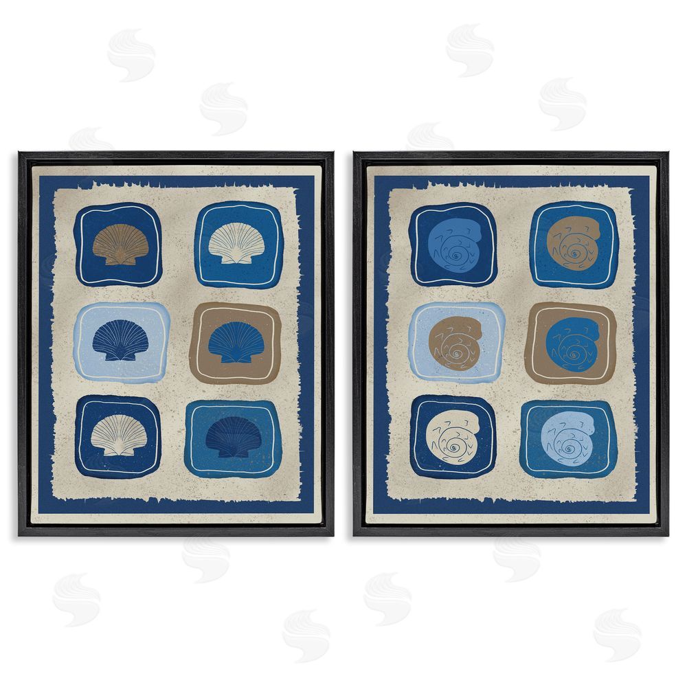 Julia Frost Blue Blocked Seashells Black Floating Frame Canvas Wall Art Print