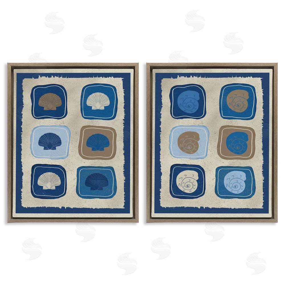 Julia Frost Blue Blocked Seashells Brown Floating Frame Canvas Wall Art Print