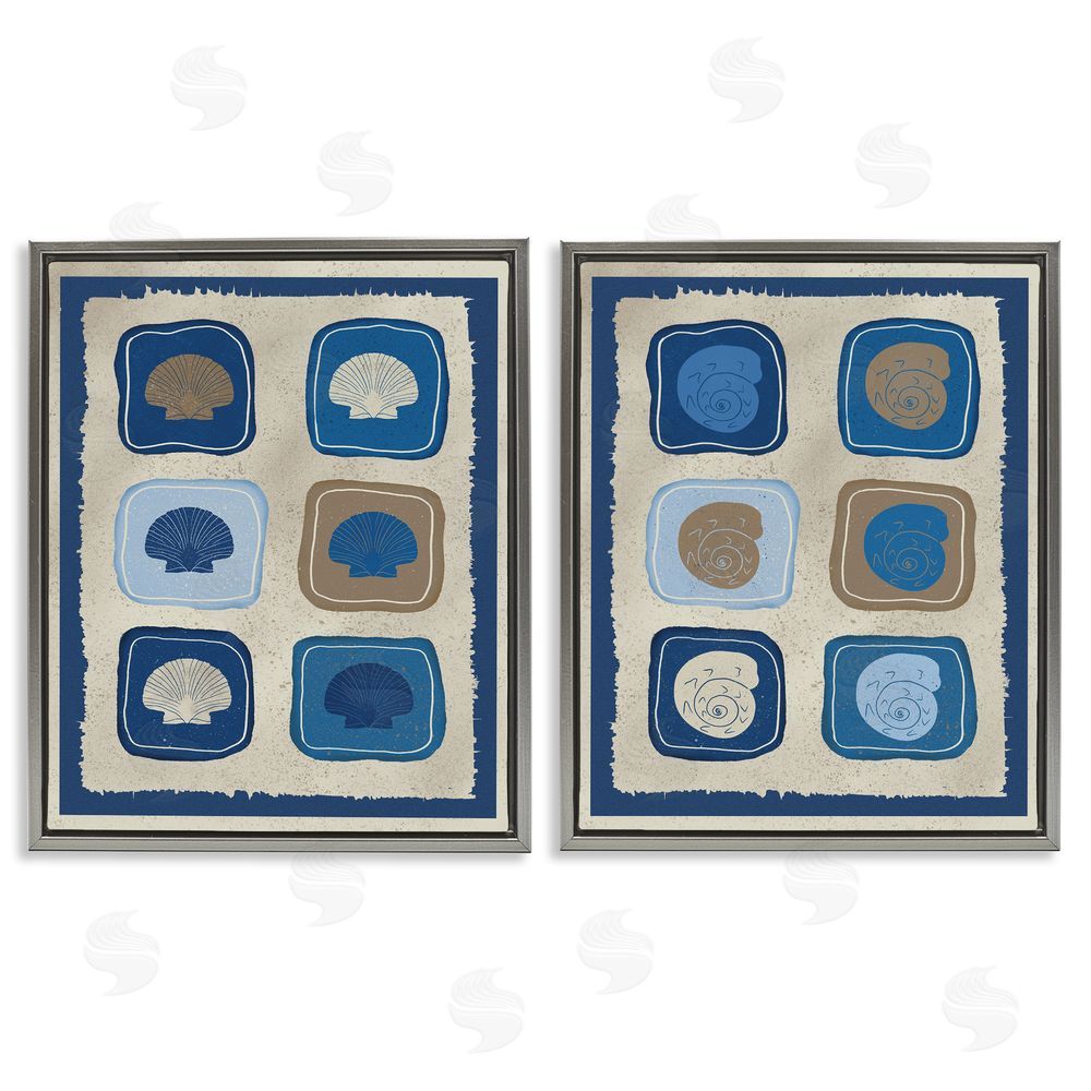 Julia Frost Blue Blocked Seashells Gray Floating Frame Canvas Wall Art Print
