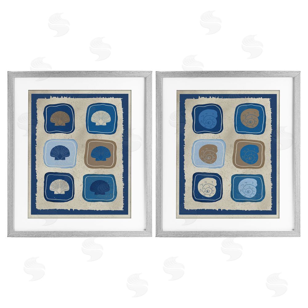 Julia Frost Blue Blocked Seashells Gray Framed Print Under Glass Wall Art