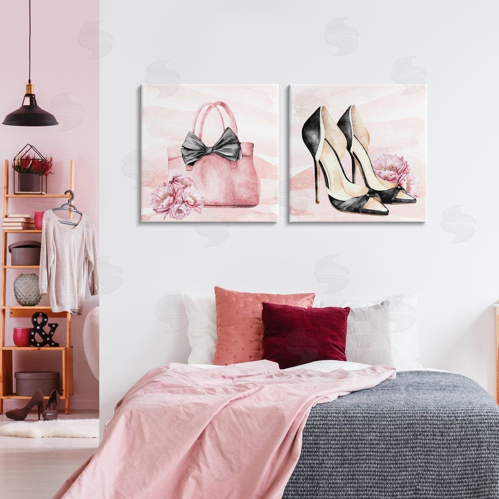 Kim Allen Rosy Glam Time Shoes Stretched Cavas Wall Art Set in Room