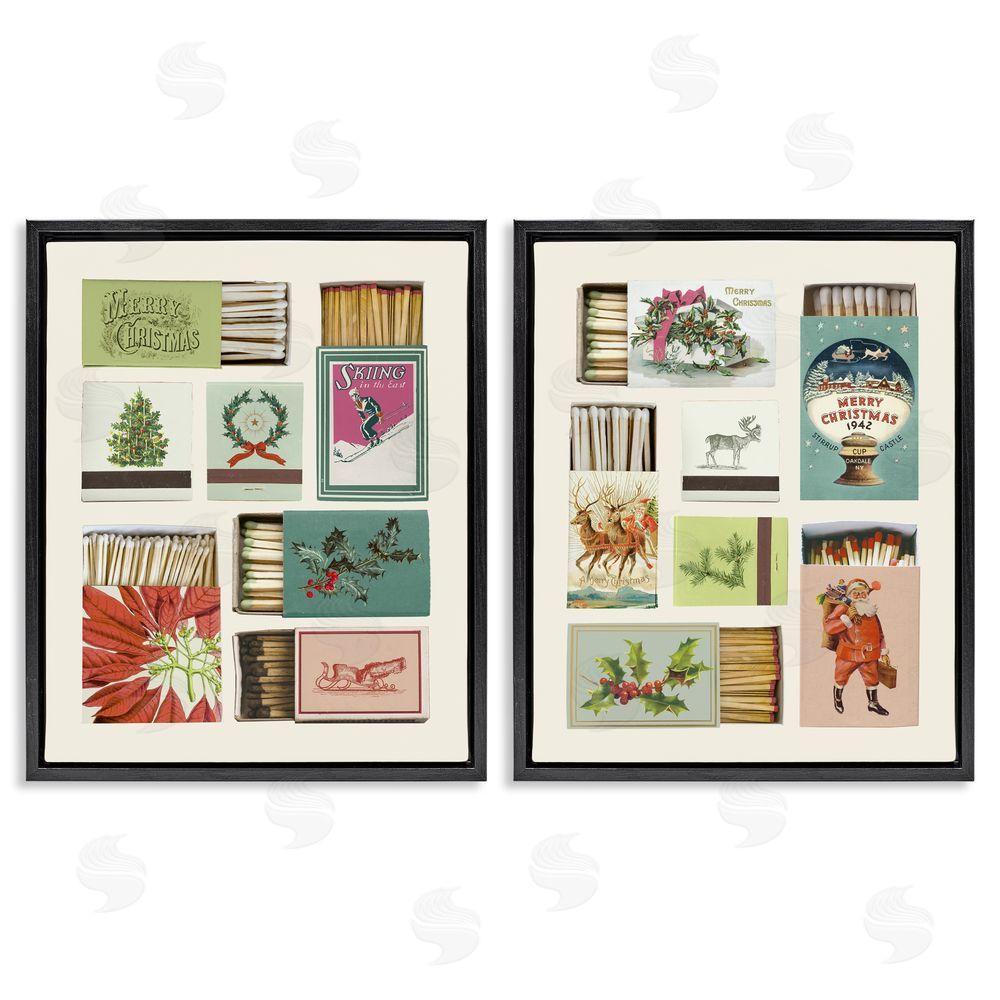 Victoria Barnes Festive Christmas Match Boxes Black Floating Frame Canvas Wall Art Set