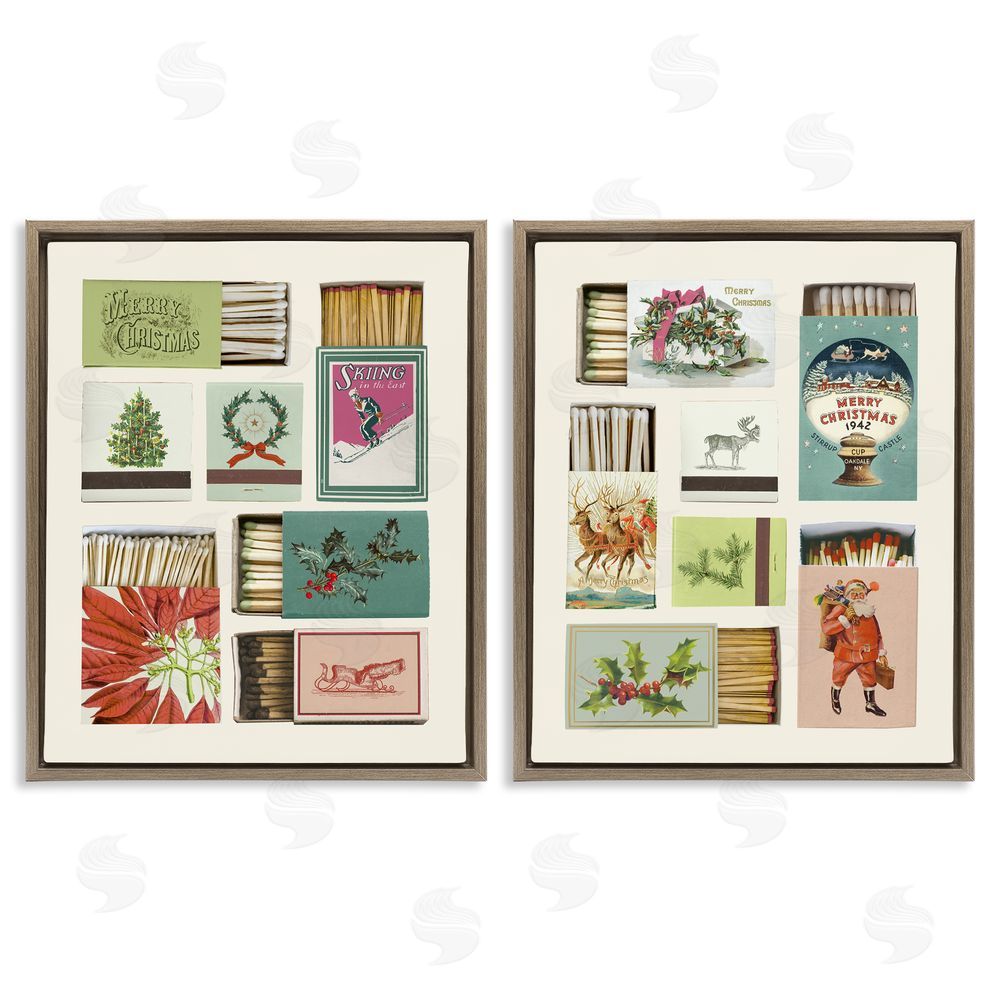 Victoria Barnes Festive Christmas Match Boxes Brown Floating Frame Canvas Art Set
