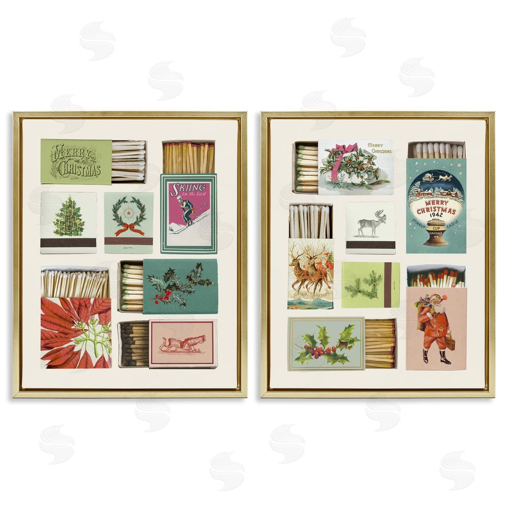 Victoria Barnes Festive Christmas Match Boxes Gold Floating Frame Canvas Art Set