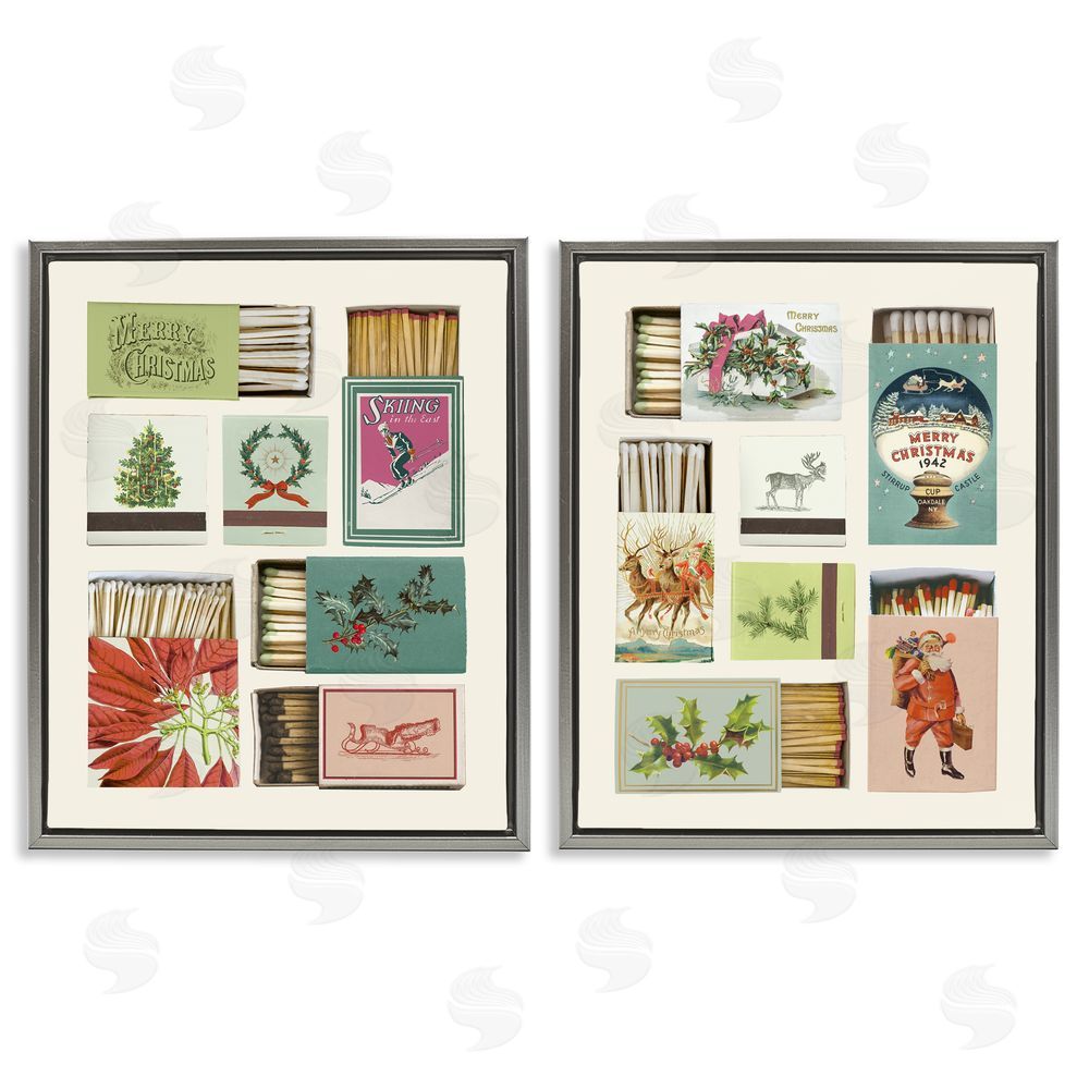 Victoria Barnes Festive Christmas Match Boxes Gray Floating Frame Canvas Art Set