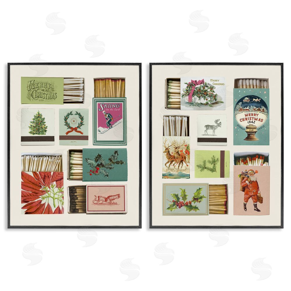 Victoria Barnes Festive Christmas Match Boxes Black Framed Giclee Art Set
