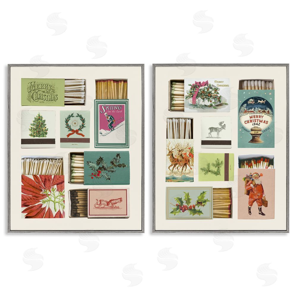 Victoria Barnes Festive Christmas Match Boxes Gray Framed Giclee Art Set