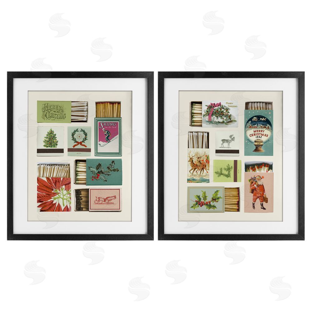 Victoria Barnes Festive Christmas Match Boxes Black Framed Print Under Glass Set