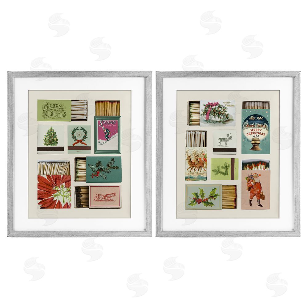 Victoria Barnes Festive Christmas Match Boxes Gray Framed Print Under Glass Set