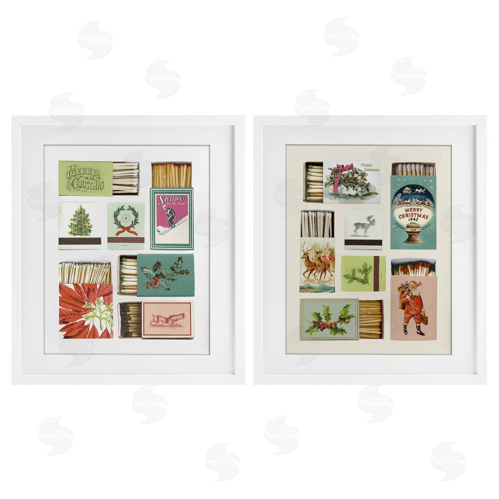 Victoria Barnes Festive Christmas Match Boxes White Framed Print Under Glass Set