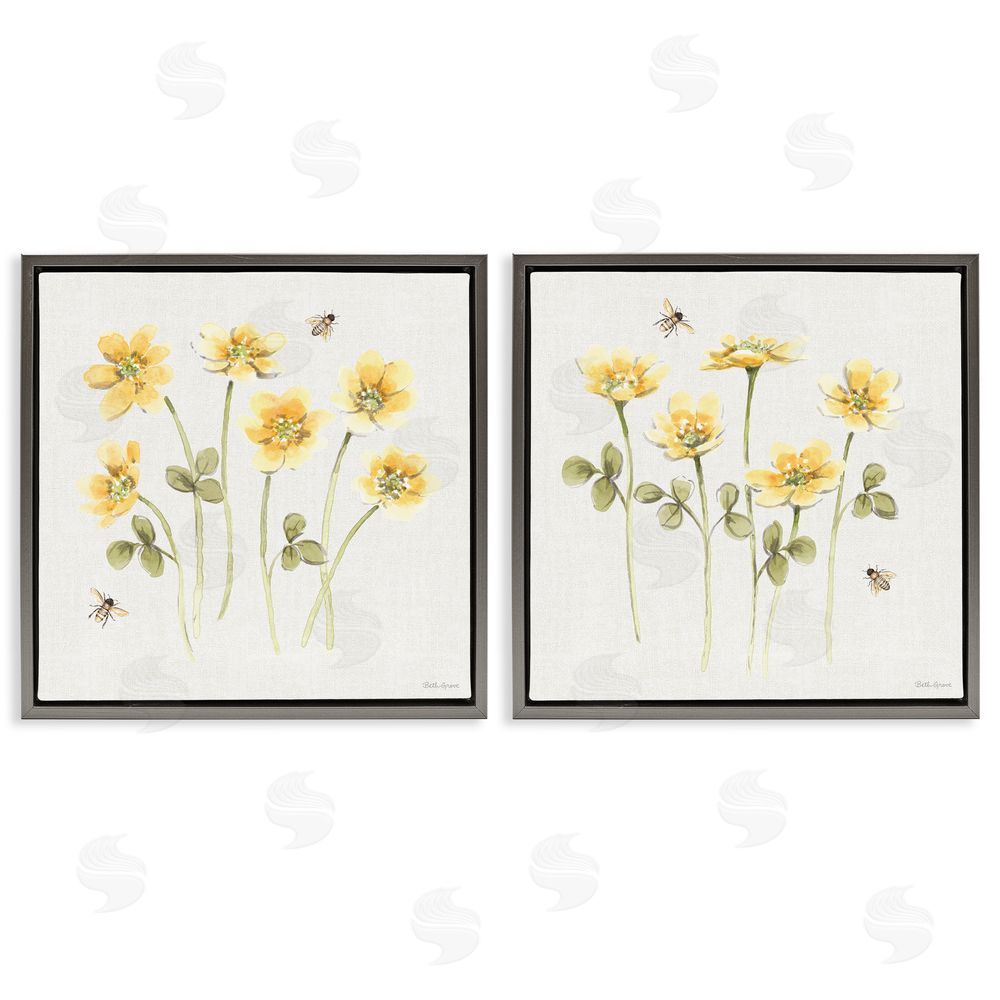 Beth Grove Sweet Honey Flowers & Bees Gray Floating Framed Canvas Wall Art Print