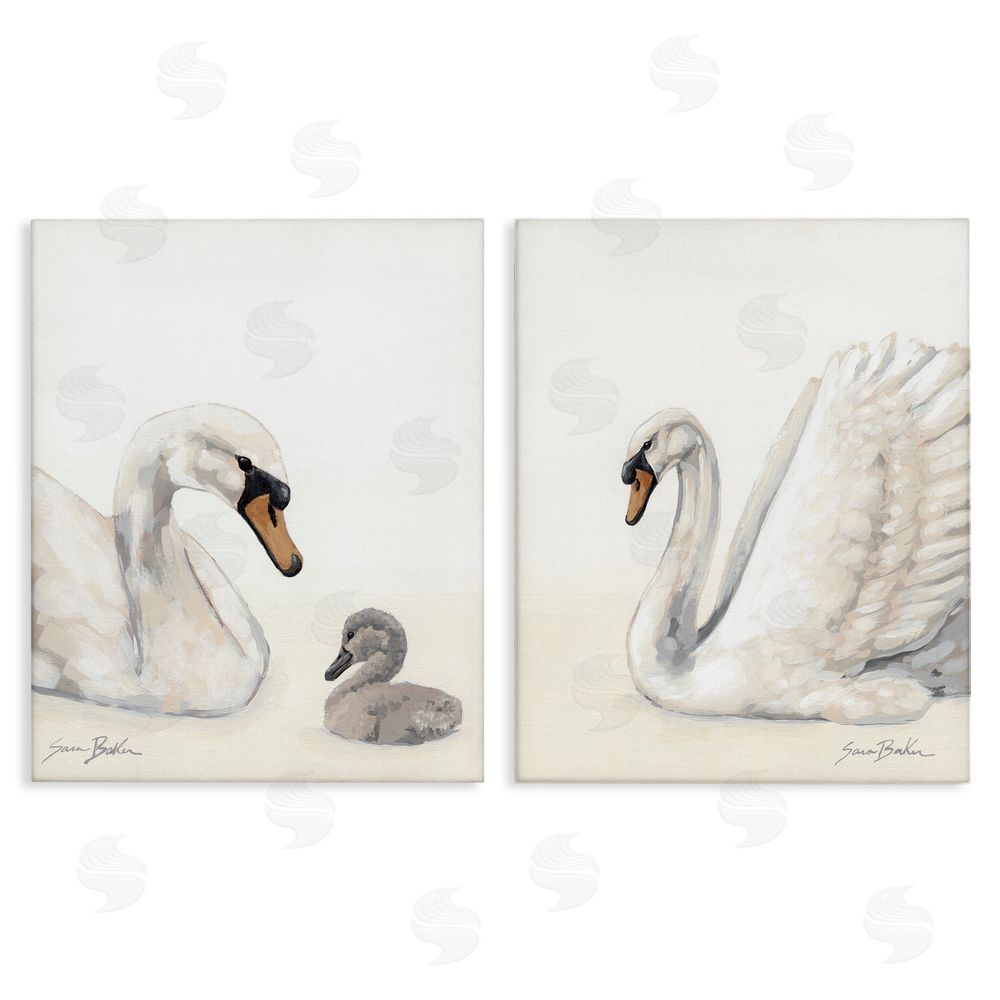 Sara Baker Graceful Swan & Cygnet Stretched Canvas Wall Art