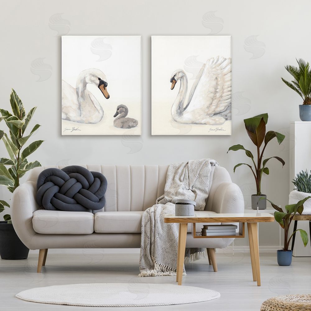 Sara Baker Graceful Swan & Cygnet Stretched Canvas Wall Art in Room