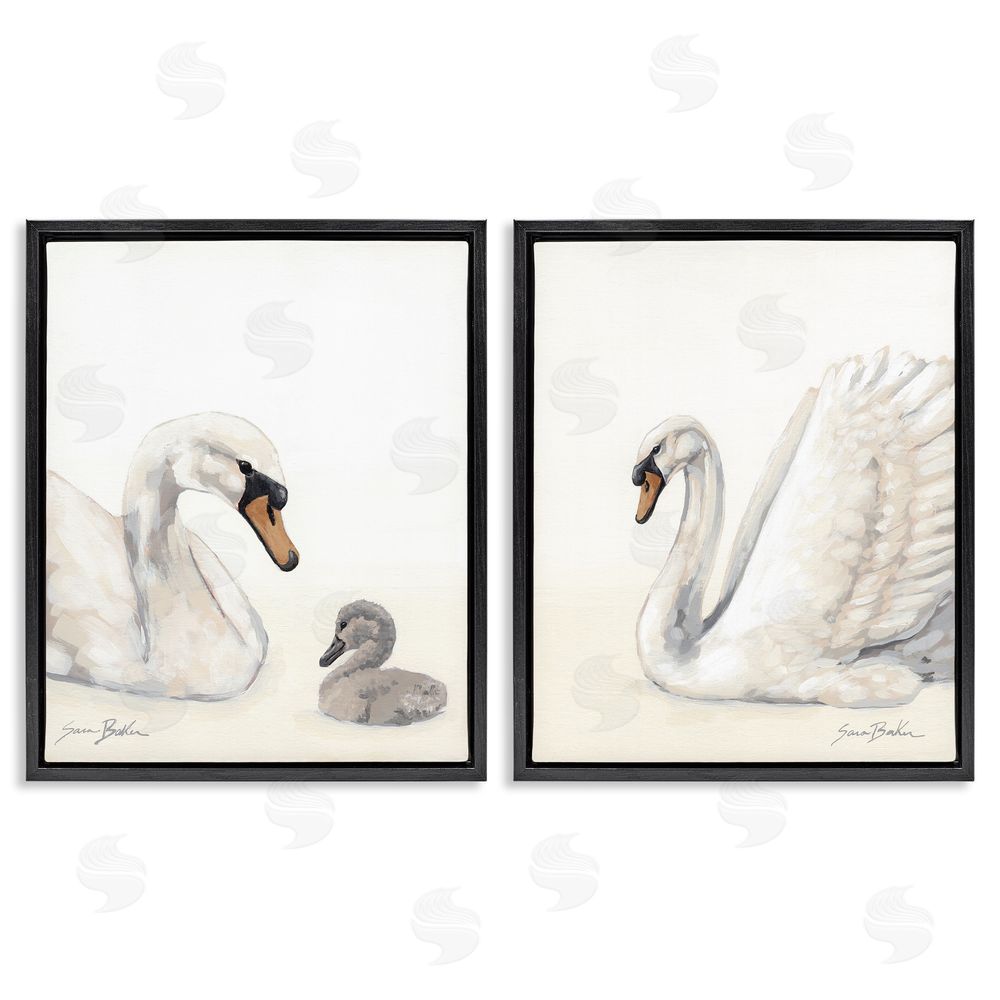 Sara Baker Graceful Swan & Cygnet Black Floating Framed Canvas Wall Art