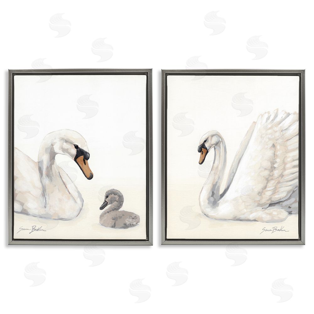 Sara Baker Graceful Swan & Cygnet Gray Floating Framed Canvas Wall Art