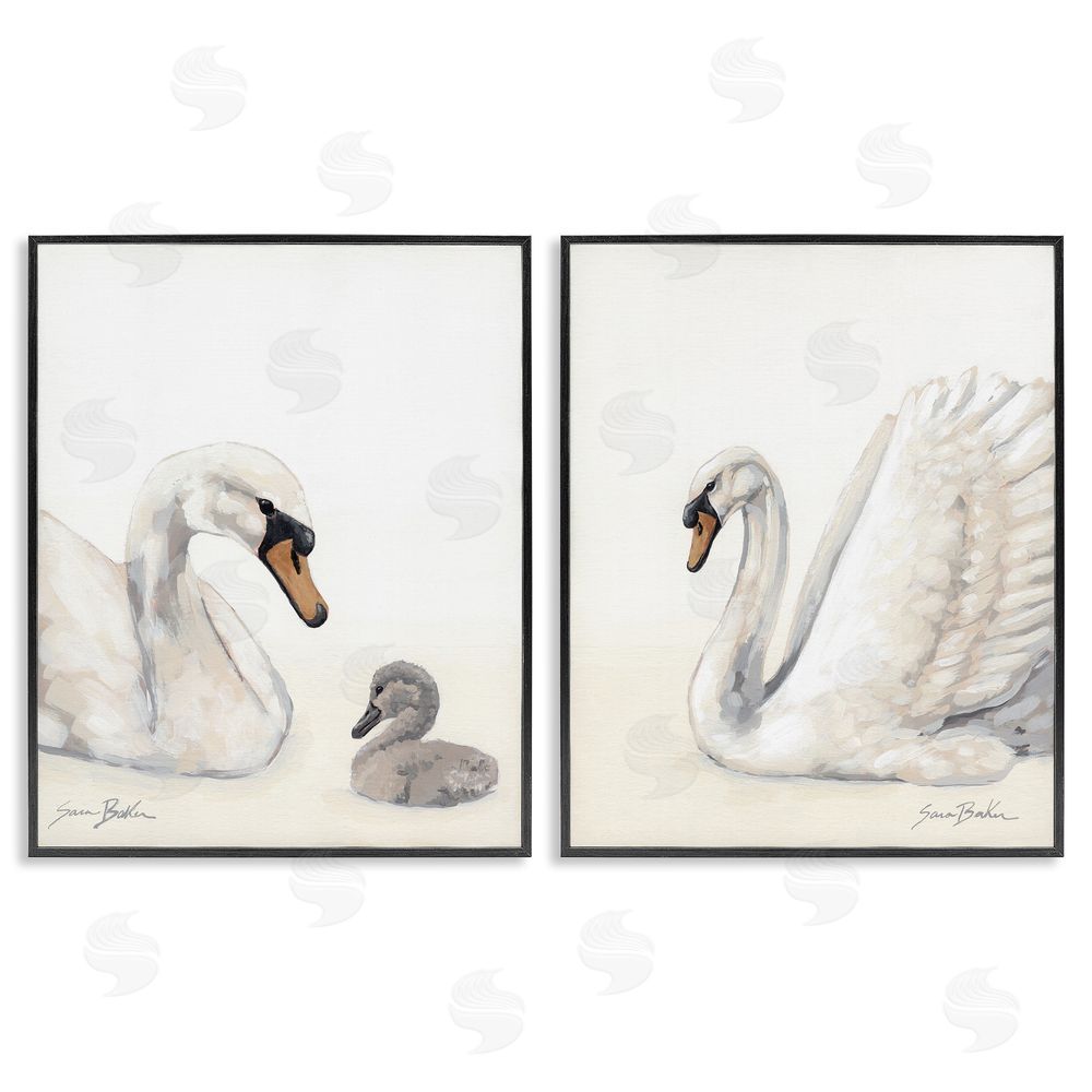 Sara Baker Graceful Swan & Cygnet Black Framed Giclee Wall Art