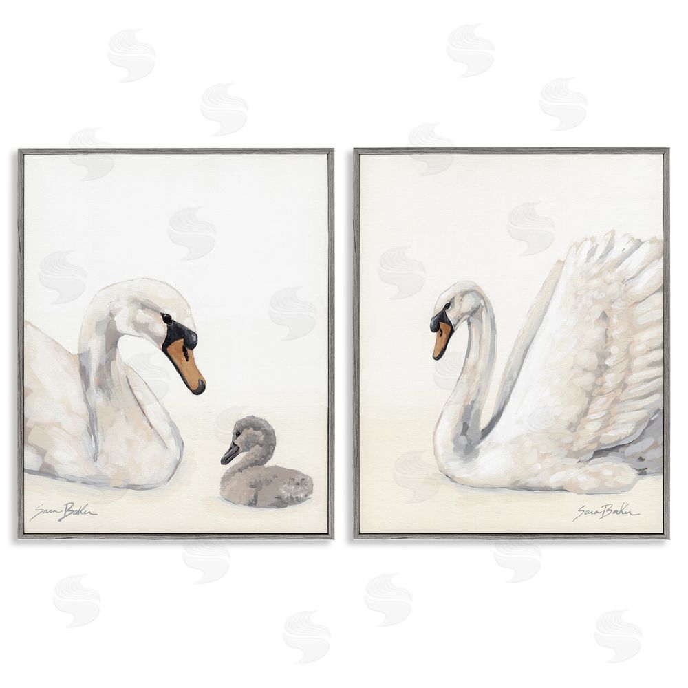 Sara Baker Graceful Swan & Cygnet Gray Framed Giclee Wall Art