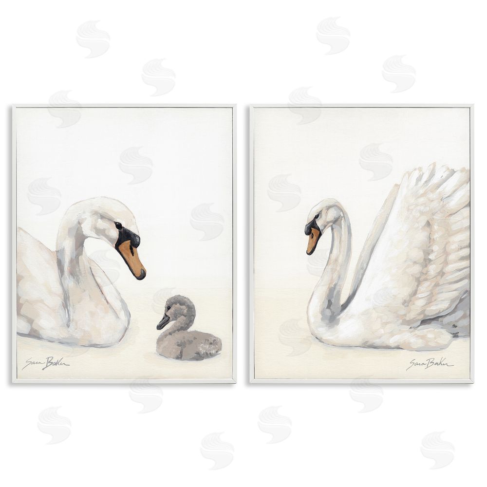 Sara Baker Graceful Swan & Cygnet White Framed Giclee Wall Art