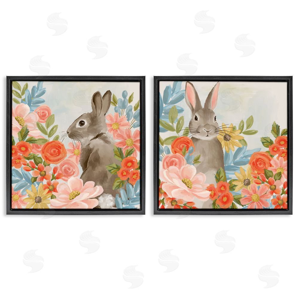 Cat Thurman Designs Bright Bunny Blooms Black Floating Frame Canvas Wall Art Print