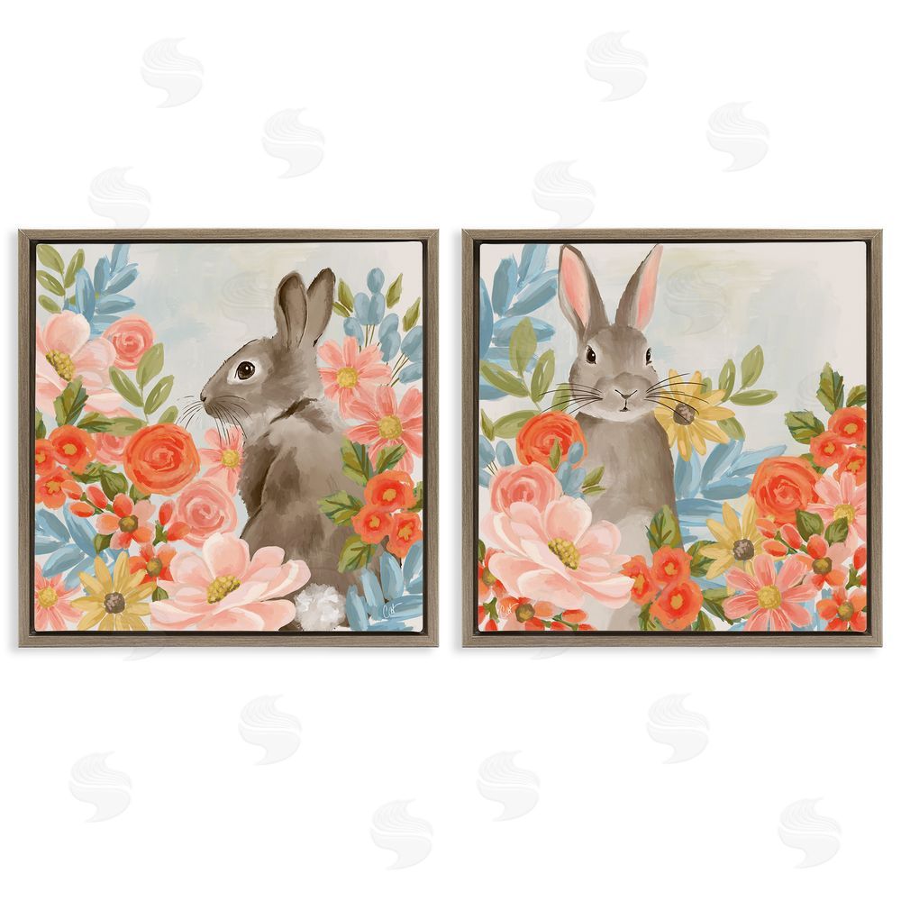 Cat Thurman Designs Bright Bunny Blooms Brown Floating Frame Canvas Wall Art Print