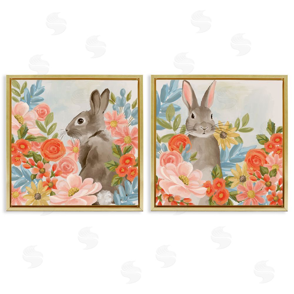 Cat Thurman Designs Bright Bunny Blooms Gold Floating Frame Canvas Wall Art Print