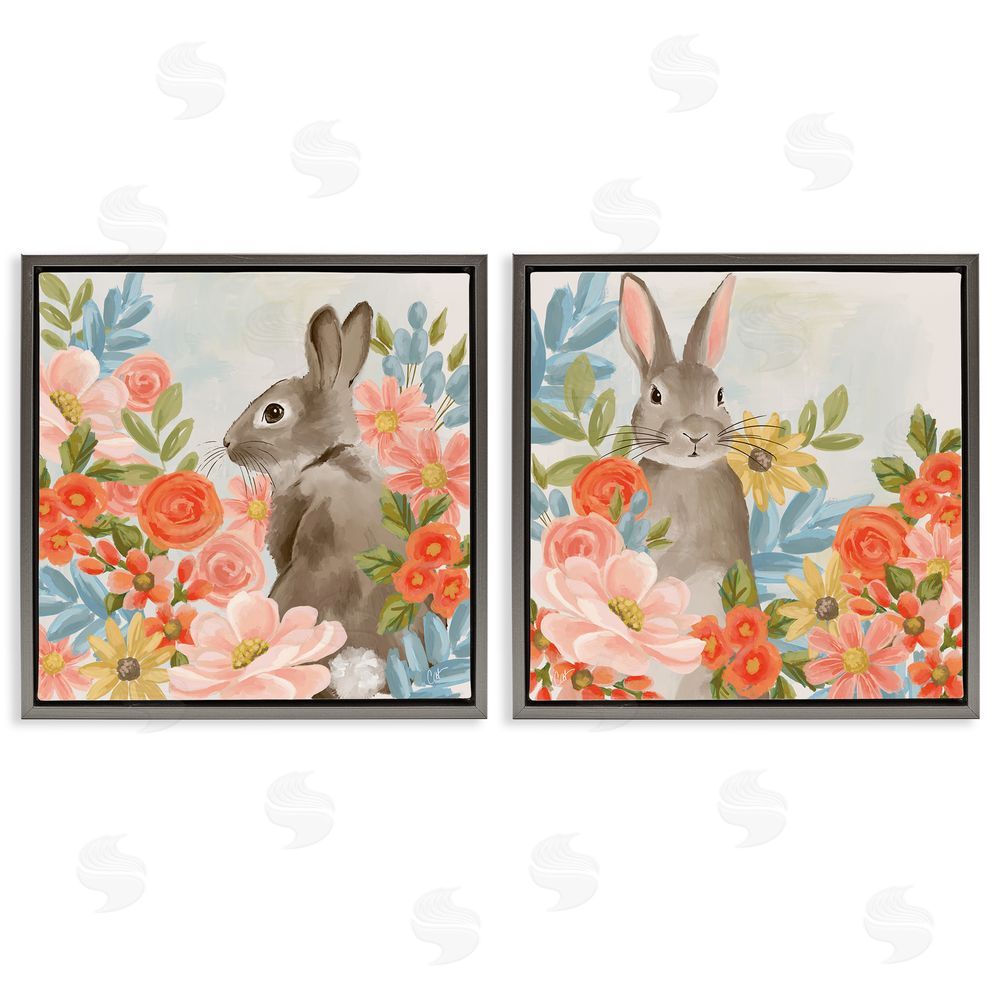 Cat Thurman Designs Bright Bunny Blooms Gray Floating Frame Canvas Wall Art Print