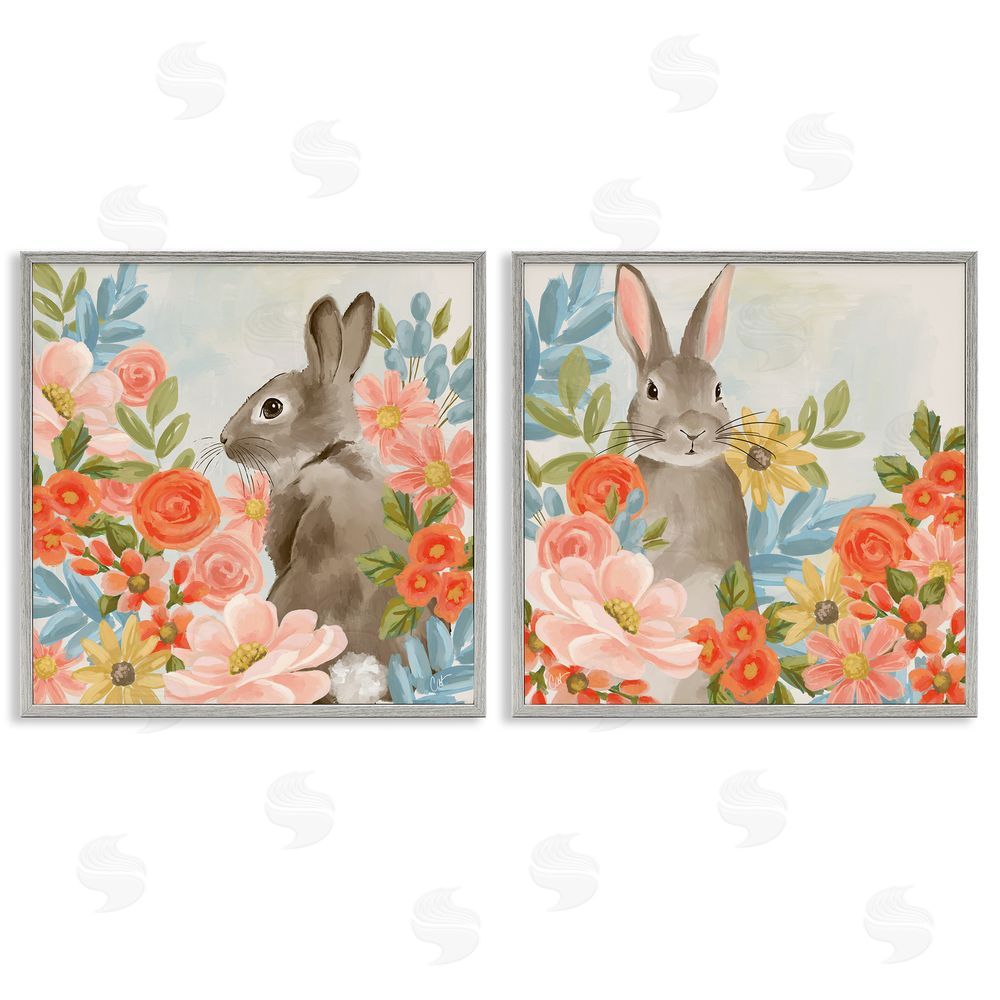 Cat Thurman Designs Bright Bunny Blooms Gray Framed Giclee Wall Art Print