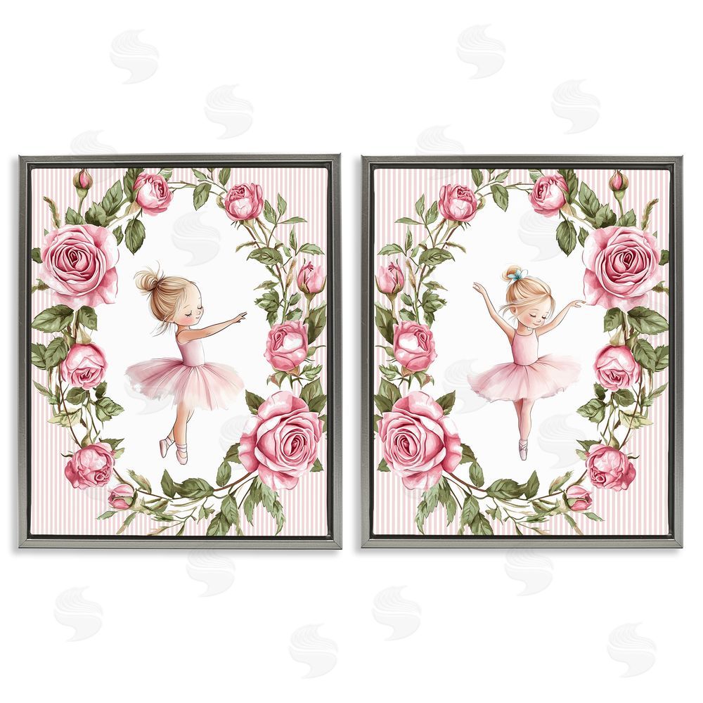 Christine Simpson Art Little Rose Dancers Gray Floating Frame Canvas Wall Art Print