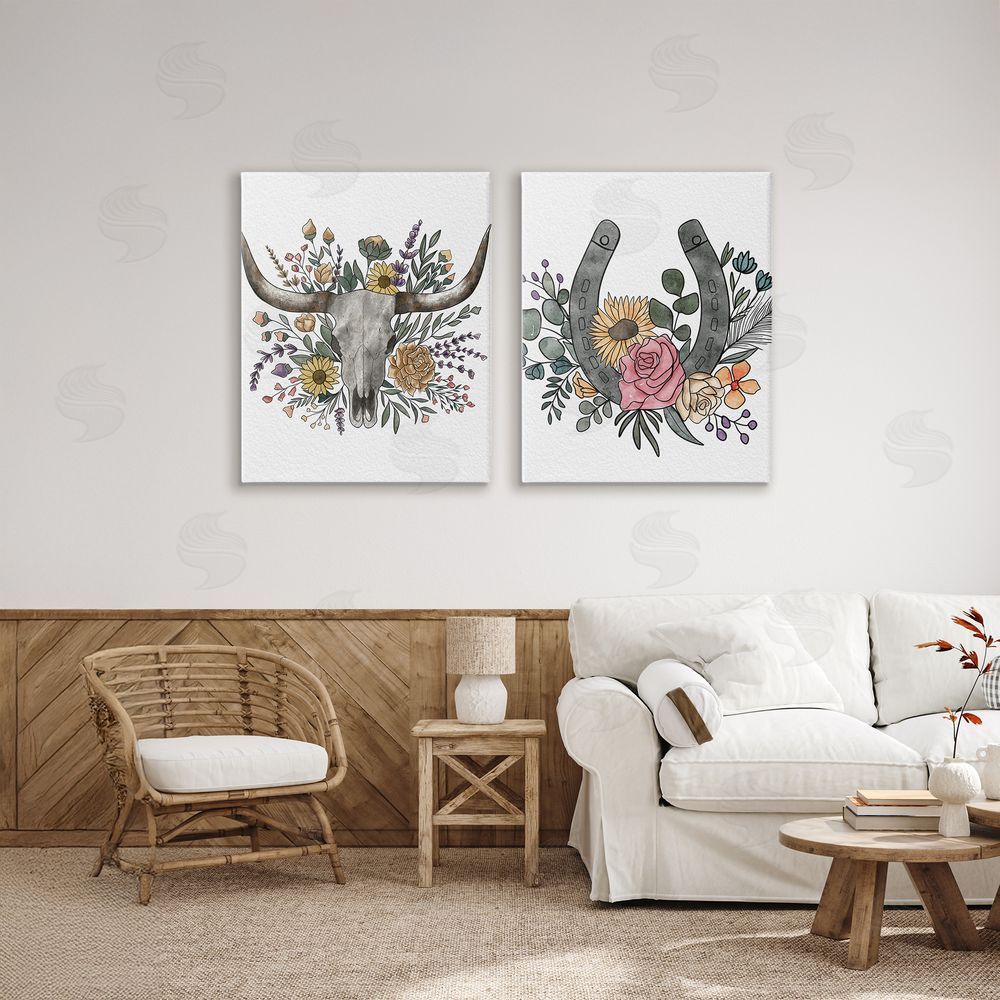 Alisha Kiara Design Boho Longhorn & Horseshoe Stretched Cavas Wall Art Set in Room