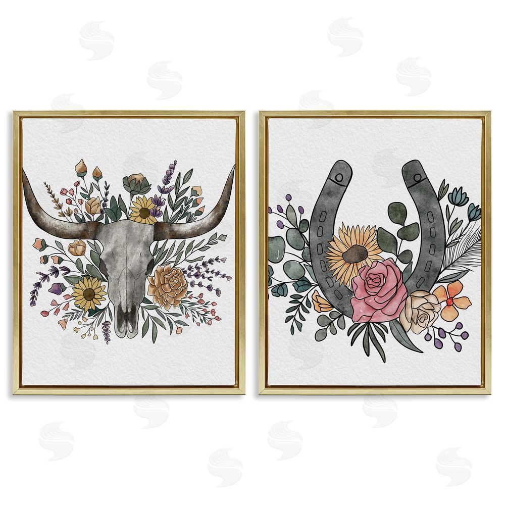 Alisha Kiara Design Boho Longhorn & Horseshoe Gold Floating Frame Canvas Wall Art Print