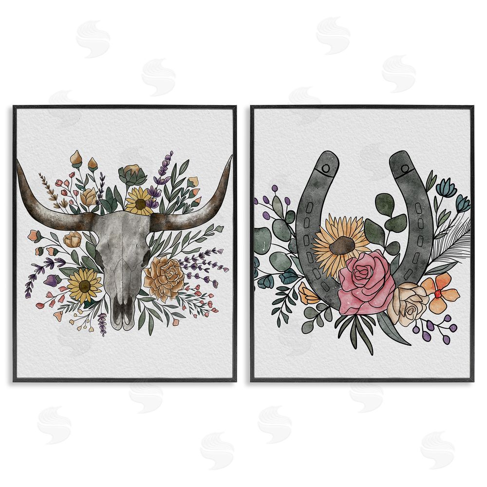 Alisha Kiara Design Boho Longhorn & Horseshoe Black Framed Giclee Wall Art Print