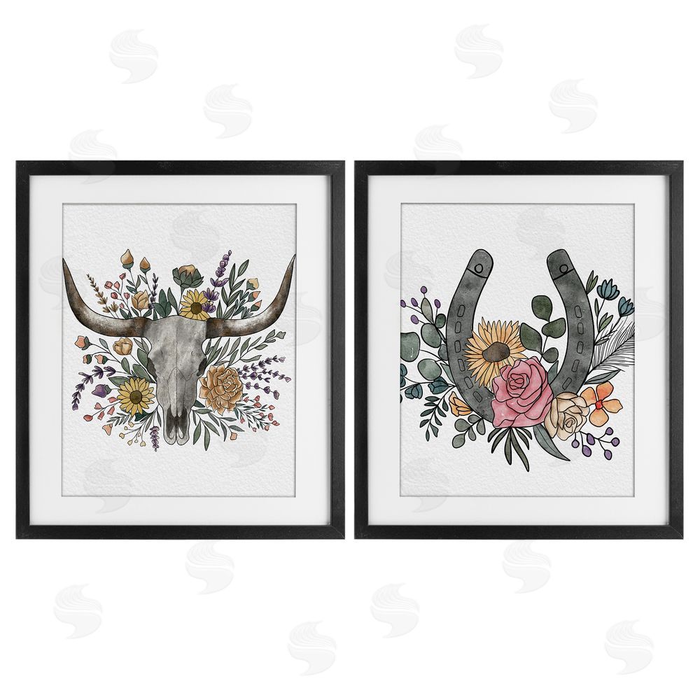 Alisha Kiara Design Boho Longhorn & Horseshoe Black Framed Print Under Glass Wall Art