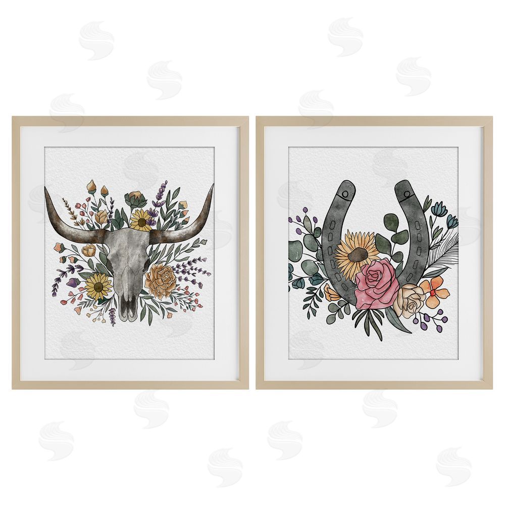 Alisha Kiara Design Boho Longhorn & Horseshoe Brown Framed Print Under Glass Wall Art