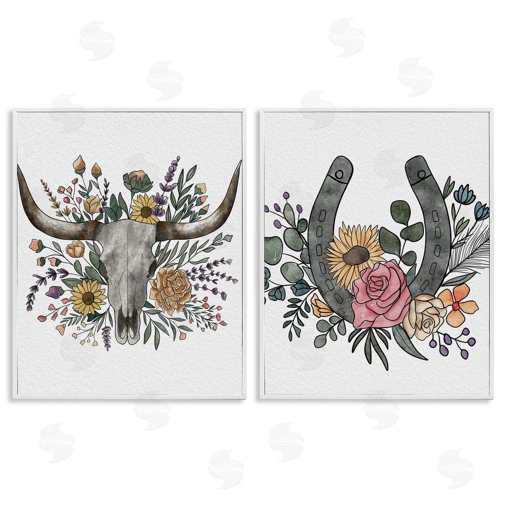 Alisha Kiara Design Boho Longhorn & Horseshoe White Framed Giclee Wall Art Print