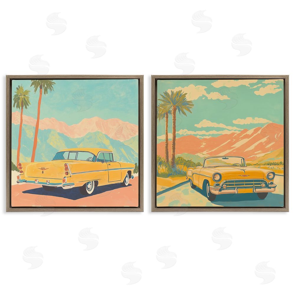 Walker Noble Classic Yellow Cars in Tropics Brown Floating Frame Canvas Wall Art Print