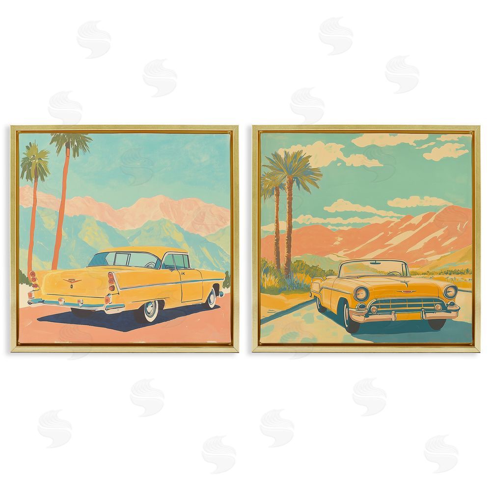 Walker Noble Classic Yellow Cars in Tropics Gold Floating Frame Canvas Wall Art Print