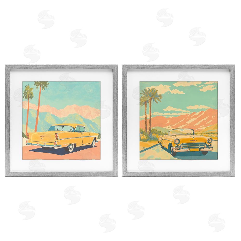 Walker Noble Classic Yellow Cars in Tropics Gray Framed Print Under Glass Wall Art