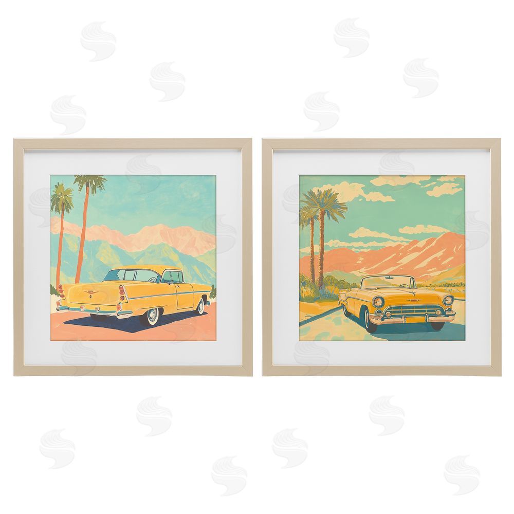 Walker Noble Classic Yellow Cars in Tropics Brown Framed Print Under Glass Wall Art
