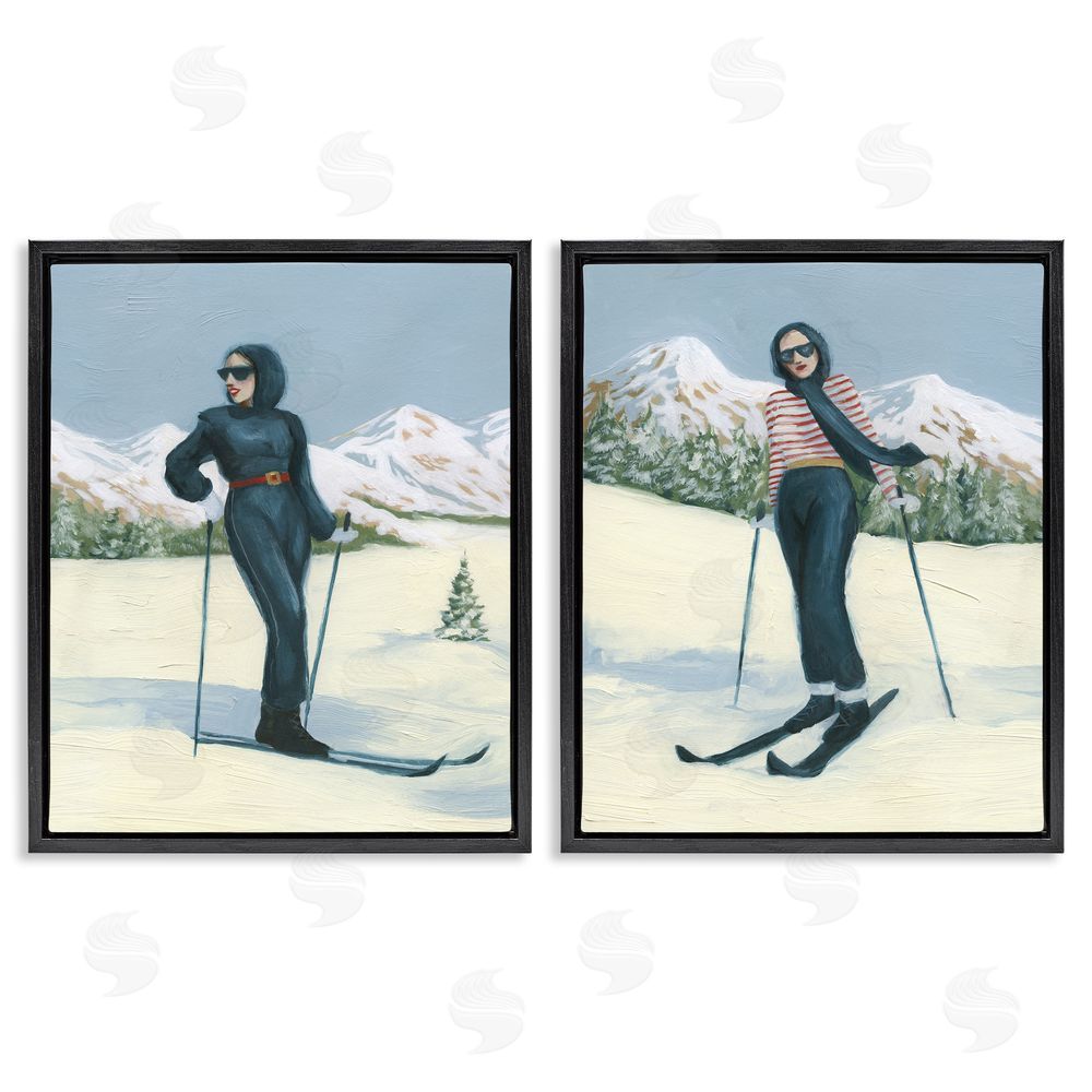 Grace Popp Winter Skiing Sisters Black Floating Frame Canvas Wall Art Print