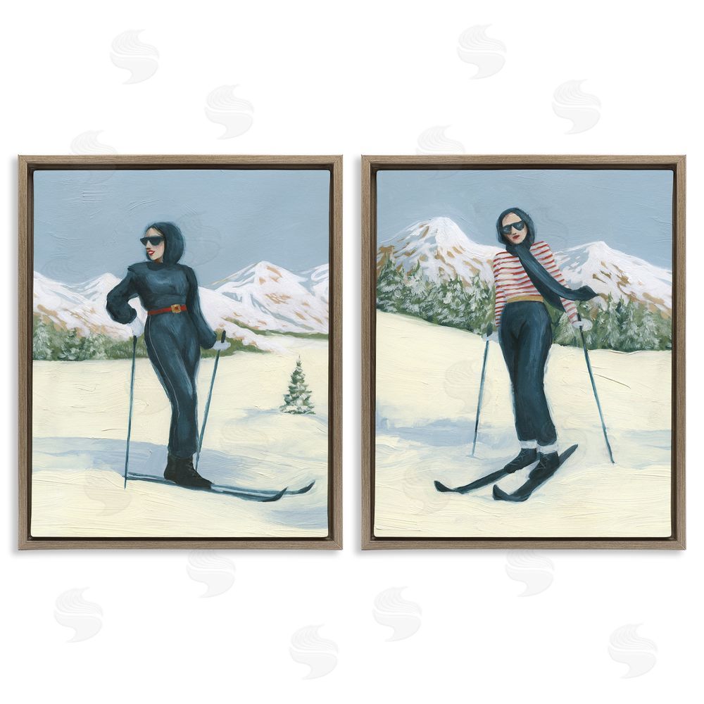 Grace Popp Winter Skiing Sisters Brown Floating Frame Canvas Wall Art Print
