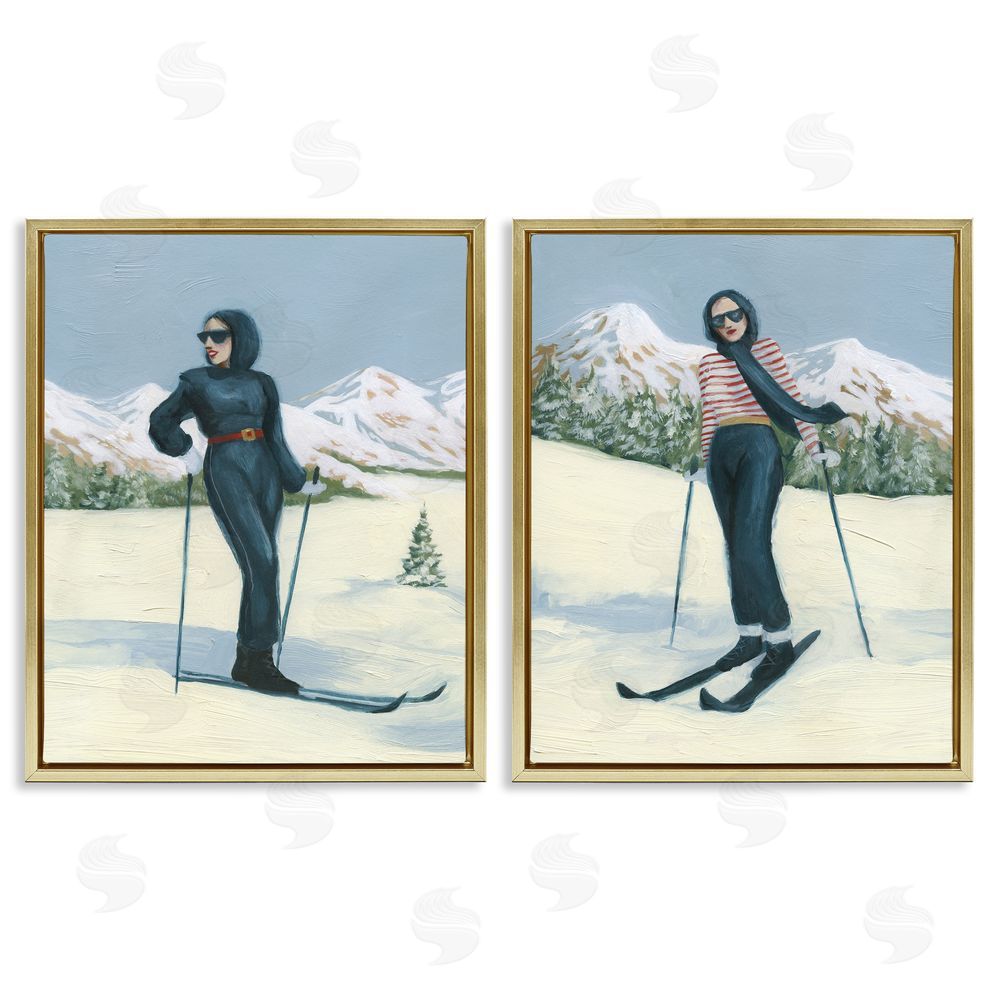 Grace Popp Winter Skiing Sisters Gold Floating Frame Canvas Wall Art Print