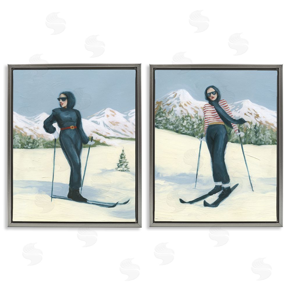 Grace Popp Winter Skiing Sisters Gray Floating Frame Canvas Wall Art Print
