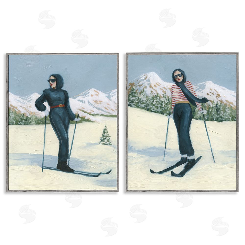 Grace Popp Winter Skiing Sisters Gray Framed Giclee Wall Art Print