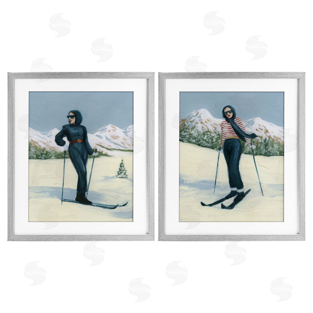 Grace Popp Winter Skiing Sisters Gray Framed Print Under Glass with White Mat Wall Art