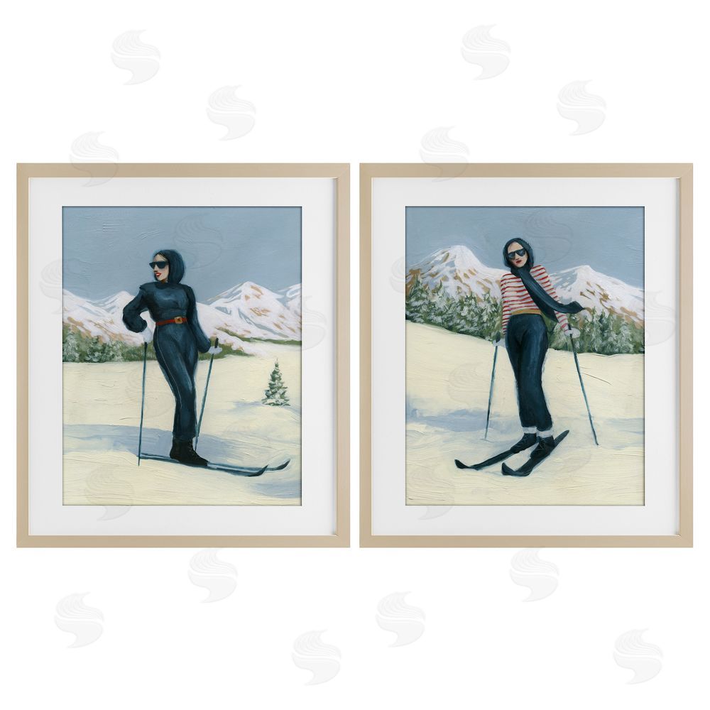 Grace Popp Winter Skiing Sisters Birch Framed Print Under Glass with White Mat Wall Art