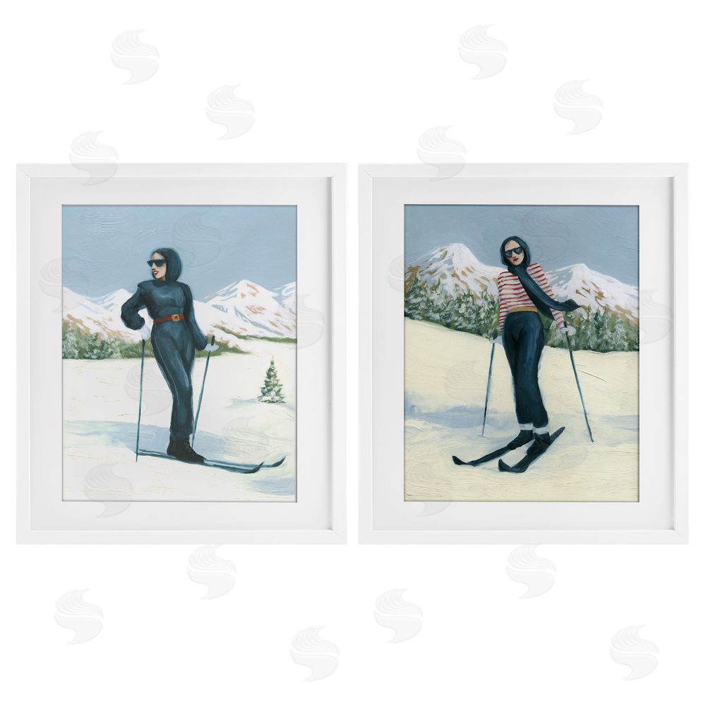 Grace Popp Winter Skiing Sisters White Framed Print Under Glass with Mat Wall Art